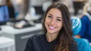 Mujer sonriendo con carillas dentales. Carillas dentales