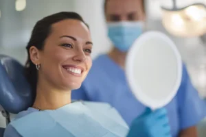 Mujer sonriendo, después de la Cirugía periodontal